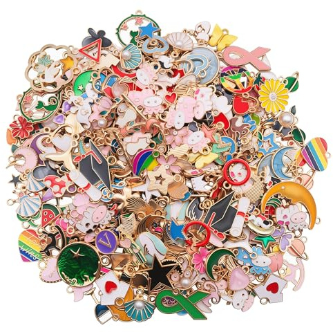 Finehenchi 50 Pcs Charms for Jewellery Making, 10-25mm Enamel Paint Craft Charms for DIY Bracelet Earrings Keyring Pendant Supplies, Mix Zinc Alloy KC Gold Plated Accessories for Handmade Crafts
