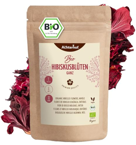 Flores de hibisco orgánicas enteras secas 250g | sabor ligeramente ácido-afrutado | té de hibisco dulce-aromático | ideal para ensaladas, postres, joguhrts | vom Achterhof