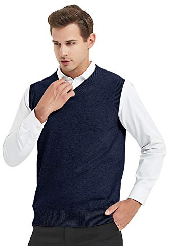 TopTie Men Business Solid Color Plain Sweater Vest, Cotton Fit Casual Pullover-Navy-XXL