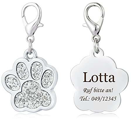 Pfote Hundemarke mit Gravur für Hunde und Katzen Pfotenabdruckmotiv ID-Tags Adressanhänger,Silber