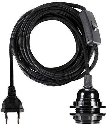 GreenSun Textilkabel, Textilummanteltes Stoffkabel, Elektrische Kabel 2-adrig, Elektrische Leitung mit E27 Fassung und Schalter, für DIY-Dekoration, Schwarz, 4,5M