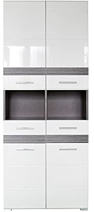 trendteam smart living - Set One - Hochschrank - Weiß Hochglanz/Rauchsilber - Badschrank breit mit 10 Fächern, 2 Ablagen und 2 Schubladen - (BxHxT) 73 x 182 x 31 cm - 6 Einlegeböden - kratzfest