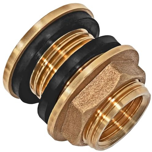 Tank Durchführung mit Anschlag und 2 Dichtungen Loch Größe 34 mm 1 Rohr Zoll Aussen Gewinde AG x 3/4 Innengewinde IG Wandungsstärke max. 15 mm Regentonnen Verschraubung Messing