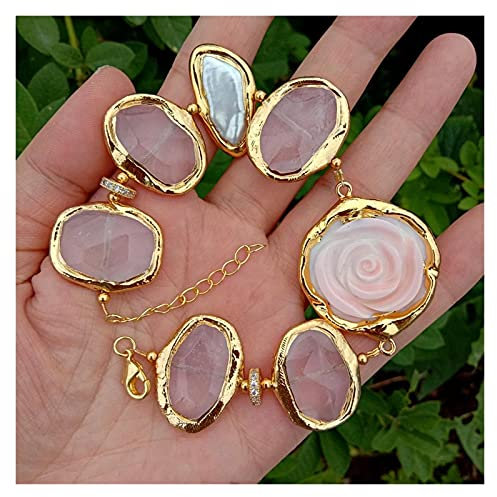 TYUTYU Bracelet Natural Pink Conch Flower Rose Quartz Faceted Chunk White Biwa Pearl With Gold Plated Edge Bracelet