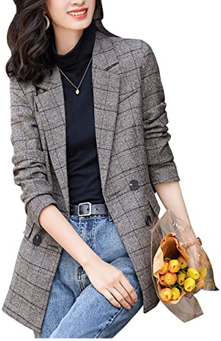 ebossy Dam Notch Lapel 2 Knappar Pojkvän Blazer Kostym Hundtand Rutig Jacka, Y-kaffe, M