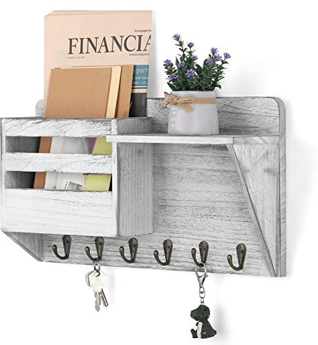 Shinoske Key Holder for Wall with 6 Key Hooks, Wall Mounted Key Hangers Rustic Decorative Wood Key Rack, Wooden Mail Organizer with Shelf for Entryway Mudroom Hallway Bedroom Living Room, White Grey