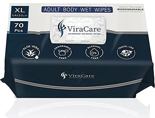 ViraCare 70 x Wet Wipes for Adults | Intimate with Aloe Vera Biodegradable Incontinence Body No Shower Extra Large Size 34 20 cm (1 Pack of 70), 70.0 count