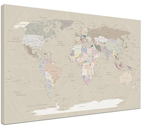 LANA KK - Stilvolle Pinnwand Weltkarte - Cappuccino - Italienisch - in 60 x 40 cm, stabile Rückwand zum Pinnen inkl. Starterkit - Leinwand-Kunstdruck Wandbild Landkarte XXL