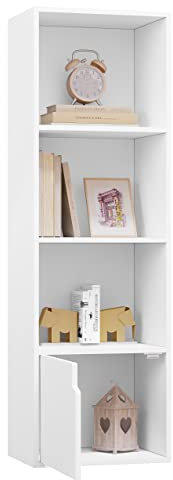 eSituro Bücherregal weiß, schmales Regal mit Tür, 4 Fächern, Standregal Würfelregal für Wohnzimmer Schlafzimmer Büro
