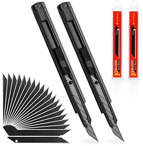 EHDIS 2 Stück Cuttermesser 9mm mit 20 Abbrechklingen, Profi-Cuttermesser aus Metall, mit automatischer Verriegelung, für präzises Schneiden, Schwarz