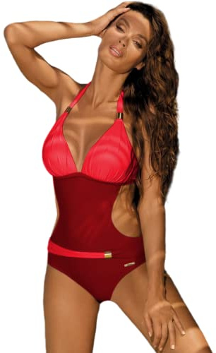 JFAN Mujer Traje de Una Pieza V-Cuello Top Halter Bikini Push Up Ropa de Baño Bloque de Color Retro Corte Alto Monokini Borgoña L
