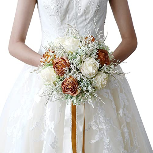 Brautstrauss Hochzeit Blumenstrauß,Koreanischen Stil Gefälschte Rose Blume Hochzeit Künstlich Blume Blumenstrauß künstlicher Rosenstrauß Dekoration für Braut oder Brautjungfern,Weiss #2
