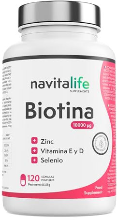 Biotina para el Cabello 10.000 mcg + Vitamina D3 + E + Zinc + Selenio | Potente anticaída cabello | Piel y Uñas radiantes | Alta biodisponibilidad. Suministro para 4 meses. VEGANO