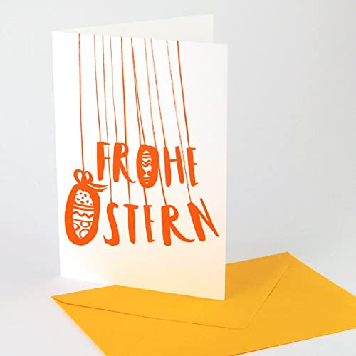Frohe Ostern - Handlettering-Osterkarte der Berliner Künstlerin Ulrike Jensen, Klappkarte mit gelborangenem Umschlag