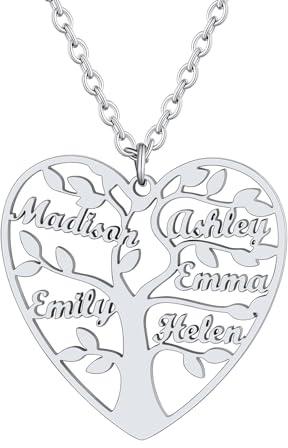 Custom4U Arbre de Vie Coeur Femme Personnalisé Prénom 1-8 Prénoms Collier Acier Inoxydable, Pendentif Arbre de Vie Gravé,Collier Arbre Généalogique à Graver avec Chaîne Réglable