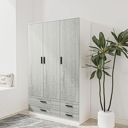 URBNLIVING Modern 3 Door 4 Drawer Wardrobe with Hanging Rail, Bedroom Furniture, Storage Shelf Clothes Organiser Stylish Design, Ample Storage Solution (White & Ash Grey)