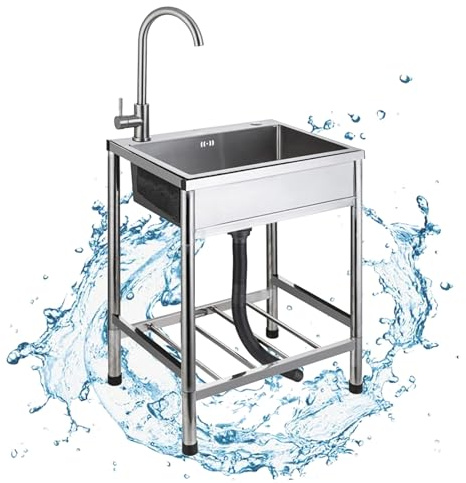 Lavello da Cucina In Acciaio Inox Indipendente Commerciale Con rubinetti caldi e freddi, Lavatoio da Campeggio Lavandino da Esterno Autoportante Per lavanderia