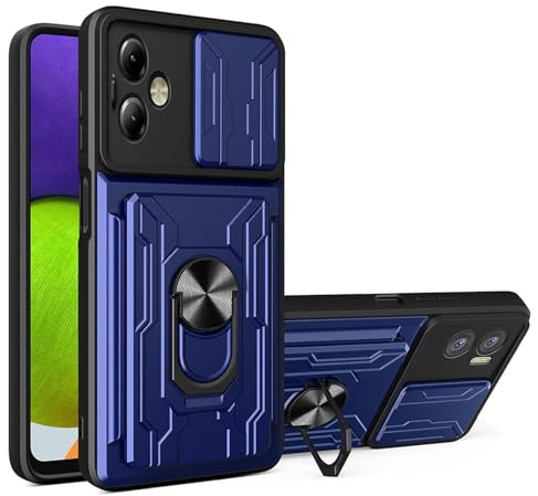 ILING Billetera Funda para Motorola Moto G14, Ultradelgado Mate Dura PC Carcasa Antigolpes Silicona Cubierta con Tarjetero, Anillo Soporte, Tapa Cámara Deslizante (Azul)