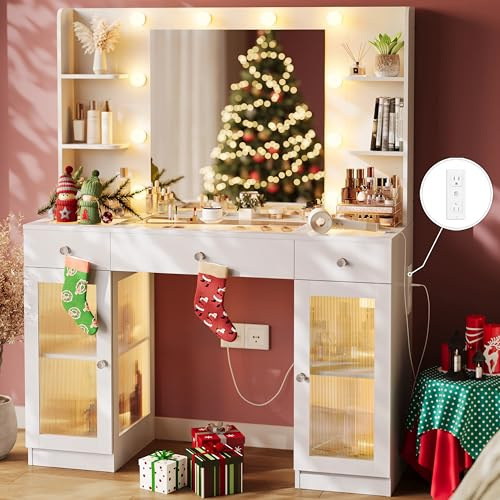 IFSEB Makeup Vanity with Glass Top, White Vanity Desk with Mirror and Lights, Big Vanity with Drawers & Cabinets for Bedroom, Cute Vanity with Crystal Knobs & Power Outlet for Women