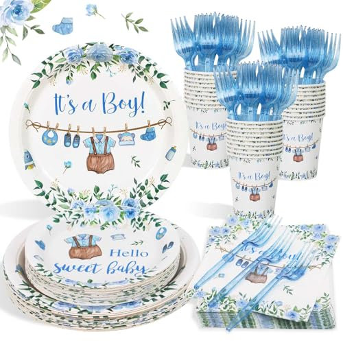 Heboland Piatti Baby Shower Maschio Blu per 25 Ospiti, 100 Pezzi Stoviglie Il Mio Battesimo Piatti di Carta Tazza Battesimo Bimbo per Neonati Baby Shower Decorazioni Boy