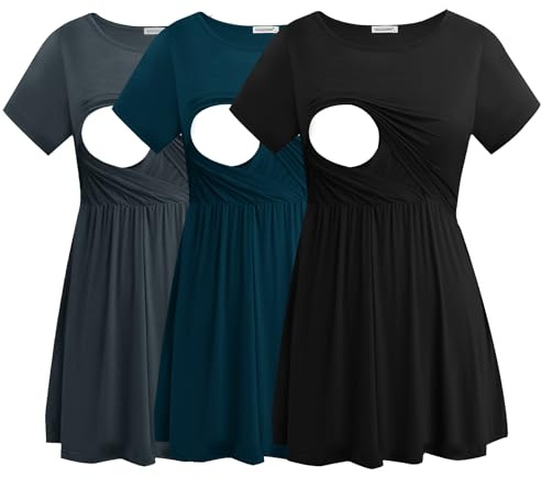 Smallshow kvinnors moderskap omvårdnad toppar kortärmade amning kläder 3 Pack,Black-Dark Grey-Teal,S