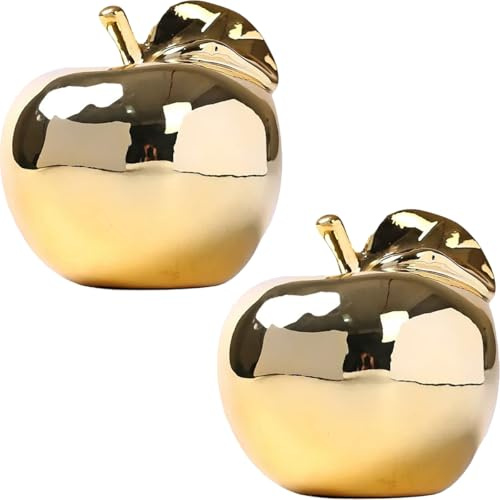Hoobar Estatuas de cerámica con forma de fruta, escultura de pera de manzana chapada a mano para boda, porche, escritorio y decoración del hogar, paquete de 2 (manzana dorada 2)
