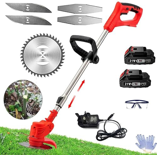 Desbrozadora Electrica, Desbrozadora Batería, (2 baterías de 4,0 A y Cargador rápido), Podadora Electrica Bateria/Mini Desbrozadora/Desbrozadora, con 3 Tipos de Cuchillas para jardín