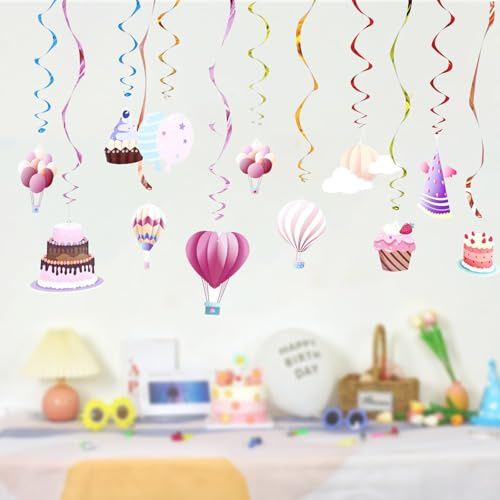 KASESSS 12 Stück Hängende Wirbel Deko mit Heißluftballon und Kuchen, Spiralen Luftschlangen für Home Indoor Outdoor, Swirl Streamers Geburtstag Party Dekorationen Supplies für Junge Mädchen