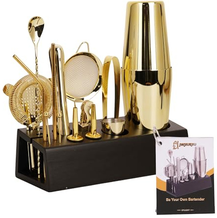 JWJIUEJIU Cocktail Shaker Set Bartender Kit with Bamboo Stand, 15-Piece Stainless Steel Bar Set Accessories, Professional Bartending Kit Home Bar Tools Set with Recipes (Gold, Black Stand)