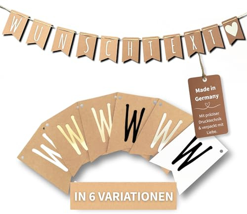 Personalisierte Wimpelkette mit Wunschtext – Individuelle Girlande für Hochzeit, Geburtstag, Taufe & Party (Kraftpapier + Weiße Schrift)