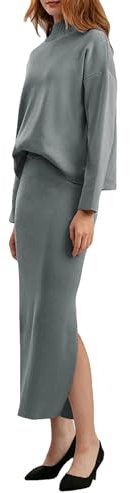 Vogrtcc 2-teiliges Strickset für Damen, Maxirock, Rollkragenpullover + langer, gerader Midi-Rock, Anzüge, grau, Einheitsgröße