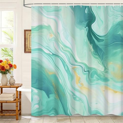 Kzzfqxb 183x183cm Tende da Doccia con Ganci in Plastica, Marmo Verde Occluso Impermeabile Linee che Scorrono il Latte Modello D'arte a Flusso D'acqua, Tessuto in Poliestere Fresco per Vasca da Bagno