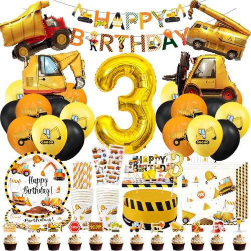 Decoración Cumpleaños Excavadora 3 Años, Vajilla para Fiesta de Construcción para Niños 3 Años con Globos Vehículos, Vela 3 Años, Adorno para Tartas, Servilletas, Platos, Vasos, Pajitas (16 Invitados)