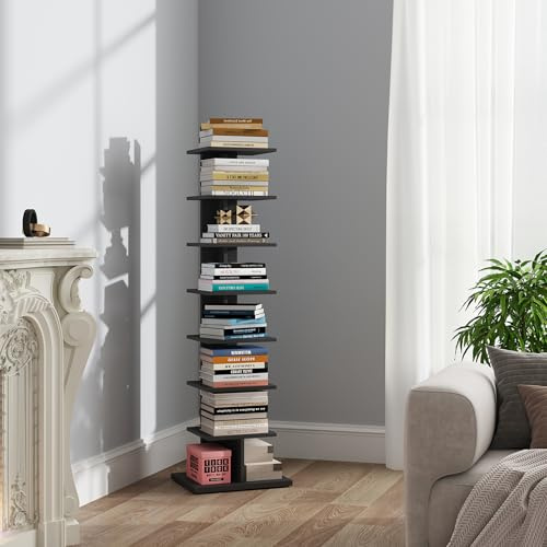 TUTOTAK Vertical Bookshelf, 8-Tier Bookcase, Narrow Spine Book Shelf for Small Space, Corner Standing Shelf for Living Room, Office, Study, Entryway, Rustic Brown BS06BK008EU