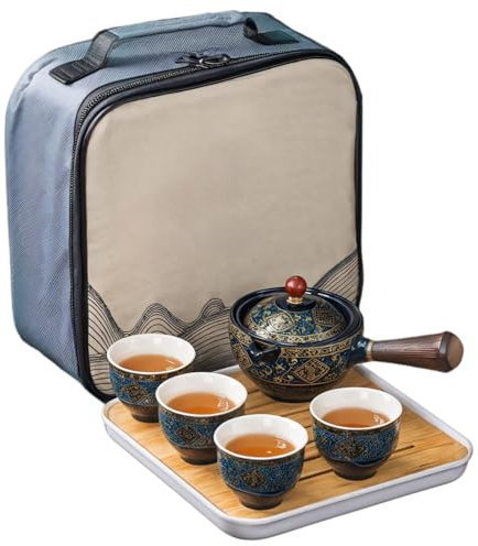yeeplant Juego de té chino portátil con tetera giratoria de cerámica, mango de madera, 4 tazas, bolsa de viaje y bandeja, perfecto para uso doméstico o al aire libre