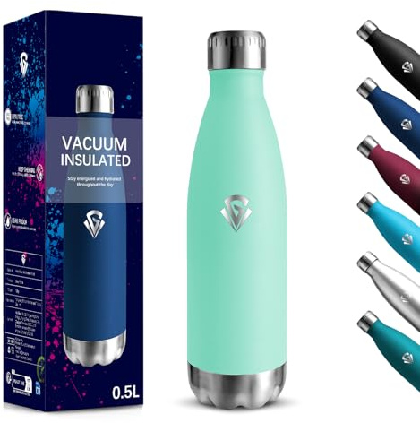 Gourde, 500 ml Sans BPA, Gourde Isotherme, 18/8 Acier Inoxydable, Bouteille Metal, Isolation Sous Vide à Double Paroi, Bouteille Acier Inoxydable pour École, Voyage, Randonnée bouteille - Bleu-vert