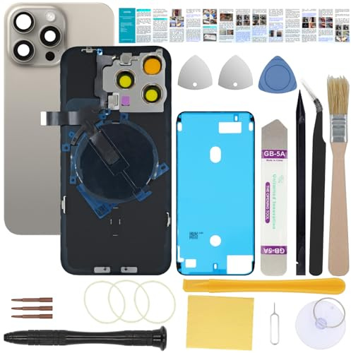 UooFide Back Glass Screen Replacement Compatible with iPhone 15 Pro 6.1-Inches All Carriers +Pre-Installed Plate +Wireless Charging Coil Flex Cable +Flashlight +Microphone +Camera Frame (Natural)