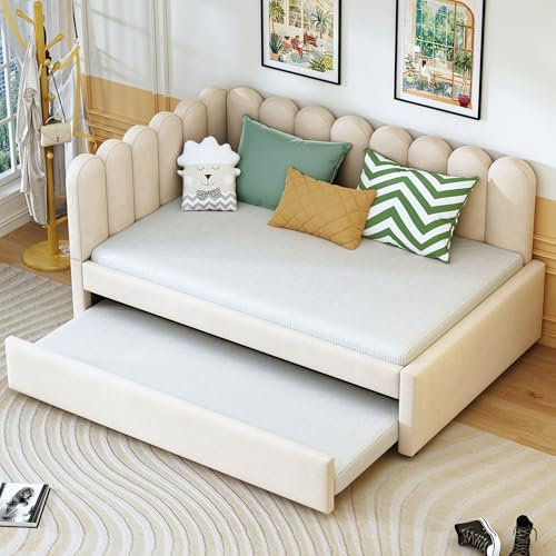 2-in-1 Schlafsofa in L-Form Platzsparendes Polsterbett mit Ausziehbett Rückenlehne Einzelbett für Erwachsene Jugendliche Tagesbett Gästebett Ohne Matratze Beige 140x200 cm