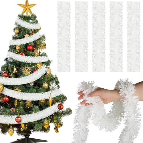 12M x 1 Stück Weihnachtsbaum Girlande Glitzer,9cm Weihnachtsgirlande Lametta,Weiß Weihnachten Deko Girlande für Weihnachten,Weihnachtsbaum Dekorieren