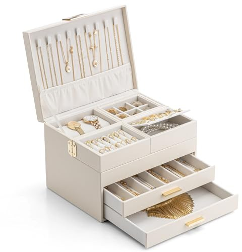 VLANDO Schmuckkästchen Groß,Schmuckaufbewahrung mit Ausziehbare Schubladen | Geschenk für Damen, PU Leader Schmuckkasten Für Ohrringe,Halsketten,Ringe, 4 Schubladen,Beige