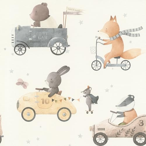 Rasch Tapete 301878 - Vliestapete mit Tieren in Rennautos, Kindertapete Seifenkistenrennen in Aquarelloptik - Kollektion Kids World