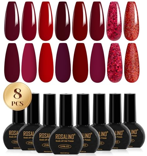 ROSALIND UV-nagellack Röd, 8 färger, burgunderrött, ljusrött, glitterrött gel-/nagellackset, soak off, UV-/LED-nagelgel/-polish för nybörjare, nagelkonstsalong, present
