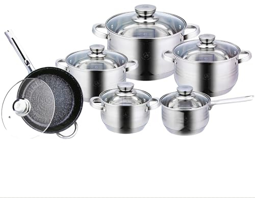 ALMALUX Batería de Cocina 12 Piezas, Juego de Ollas y Sartén, Plateado, Acero Inoxidable, 16-24cm, Compatible con Inducción, Gas y Vitrocerámica