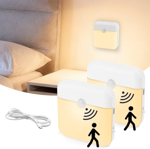 HOTUT Motion Sensor Night Light, 2 Pcs Stick-On Battery Powered Night Lights with Magnetic Strips, AUTO/ON/Off Modos, LED Motion Sensor Lights Indoor for Hallway Stair Closet Shelf Kitchen, Warm White