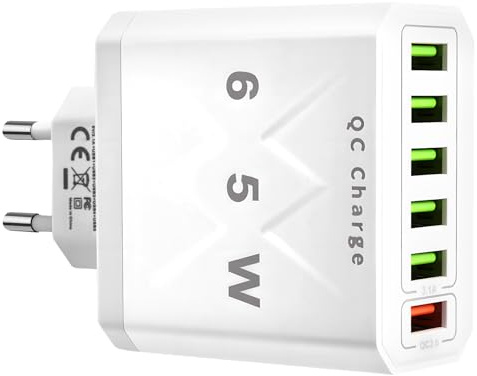 65 W USB Ladegerät 6-Ports Mehrfach mit QC 3.0 Schnellladegerät Ladestecker | USB 3.1A Multi USB Netzteil Ladestation Wandstecker Fast Charge Adapter kompatibel mit iPhone 16 15 14 13 12 11 Pro Samsung