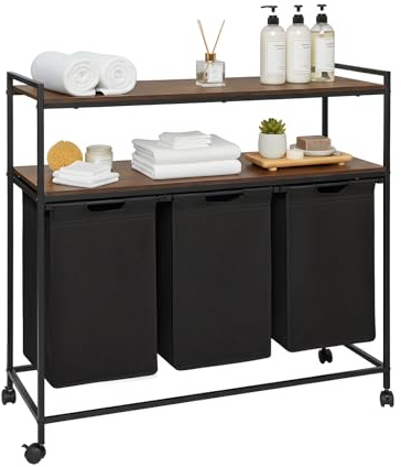 FetiNes Wäschekorb 3 Fächer, Wäschesammler mit 2 Ablage, ausziehbaren & abnehmbarem Wäschesäcken, Wäschebox für Schlafzimmer, Badezimmer, mit Rollen, 3x42L,103 x 38 x 99 cm, Schwarz-Vintagebraun