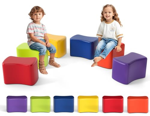 LIFEZEAL 6er Set Kinderhocker, Sitzhocker aus Schaumstoff, Kinder Fußhocker mit Bezug aus Kunstleder, Polstermöbel Kinderstuhl für Kinderzimmer, Kindergarten, Babyzimmer | Modularer Hocker, rutschfest, Würfel, weiche Konstruktionen, gepolstert aus elastischem Schaumstoff, abnehmbarer Bezug