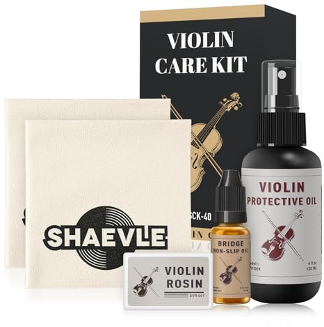 Shaevle Reinigungsset für Geige, Bratsche, Cello, Kontrabass | Geige Pflege Set Violine Zubehör inkl. Kolophonium, Schutzöl, Geigensteg-Öl und Reinigungstuch