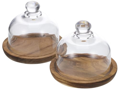 Yardwe 2Pcs Small Cake Stand with Dome Lid, Wooden Base Glass Cake Display Stand Clear Bell Jar Cover for Butter Pastries Dessert Storage and Presentation