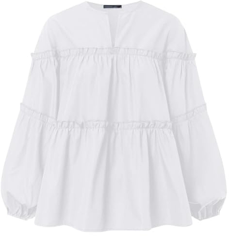 UJEDFHV Volangblus för kvinnor, elegant koreansk blus, långärmad, volangskjorta, enfärgad, för arbete och fest, vår för fest